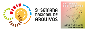 banner do projeto de exposição virtual: Caminhos dos Arquivos.
(fundo com documentos, lettering e logotipo da 6º SNA)