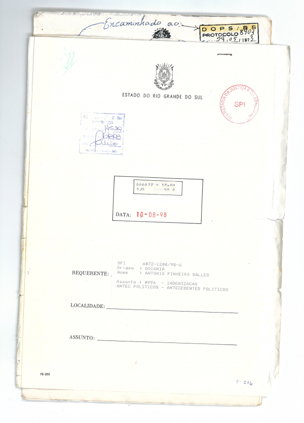 Capa do Processo de Indenização de Antônio Pinheiro Salles. Acervo APERS