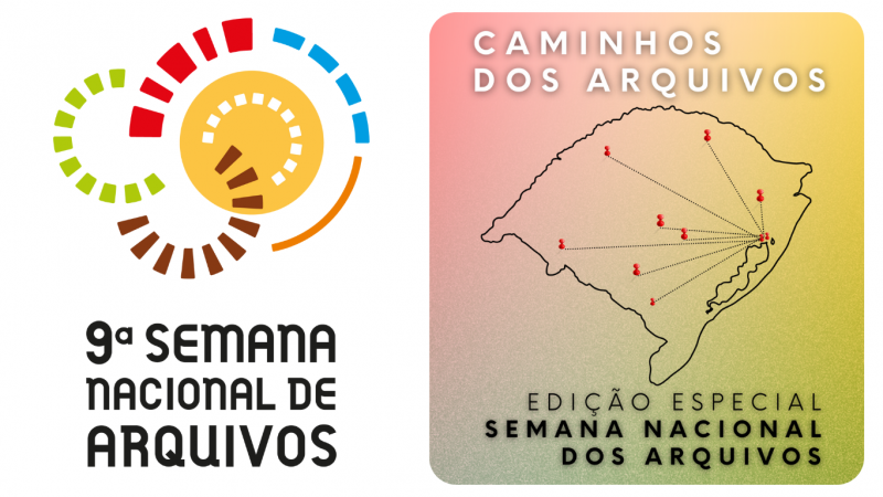 A imagem é dividida em duas partes principais. À esquerda, há um logotipo colorido formado por formas geométricas em verde, vermelho, marrom e azul, dispostas ao redor de um círculo amarelo central. Abaixo do logotipo, lê-se o texto: "9ª SEMANA NACIONAL DE ARQUIVOS".
À direita, há uma representação estilizada do mapa do Brasil, com linhas pontilhadas conectando diversos pontos vermelhos, sugerindo rotas ou conexões entre localidades. Acima do mapa está o texto: "CAMINHOS DOS ARQUIVOS", e abaixo, o texto: "EDIÇÃO ESPECIAL SEMANA NACIONAL DOS ARQUIVOS".